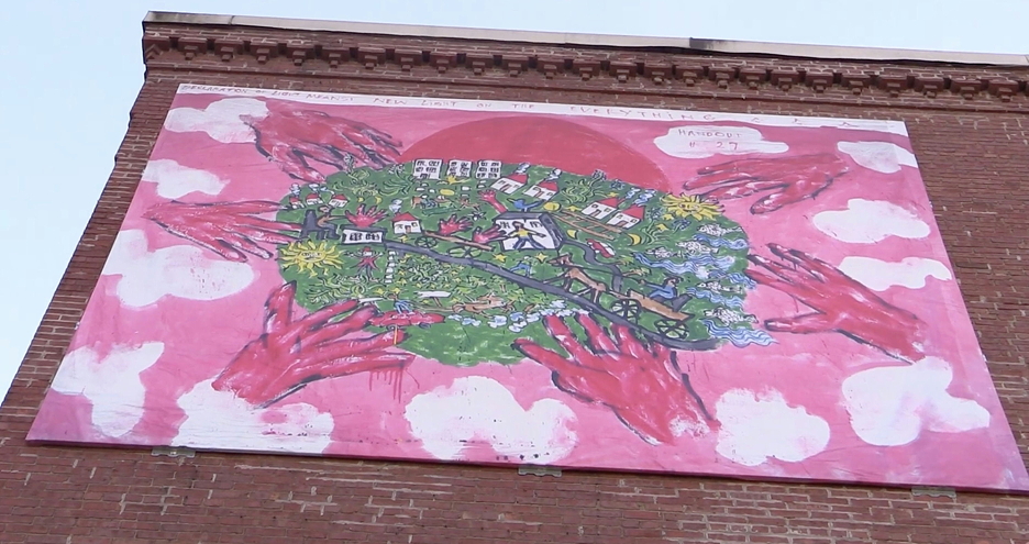 bandP3 installation: Peter Schumann "Handout #27" at 64 Main Street in Montpelier, VT